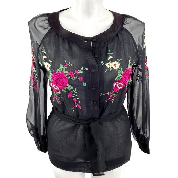VINTAGE SCENE II JONATHAN LOGAN SHEER STITCHED FLORAL TOP - L - Picture 1 of 9